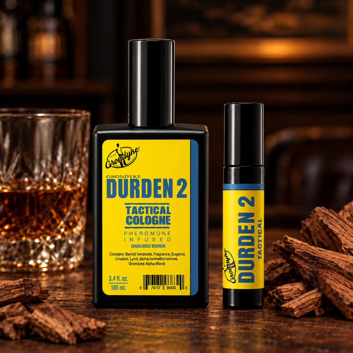 Durden 2 spray cologne and roll-on with a glass of bourbon and sandalwood