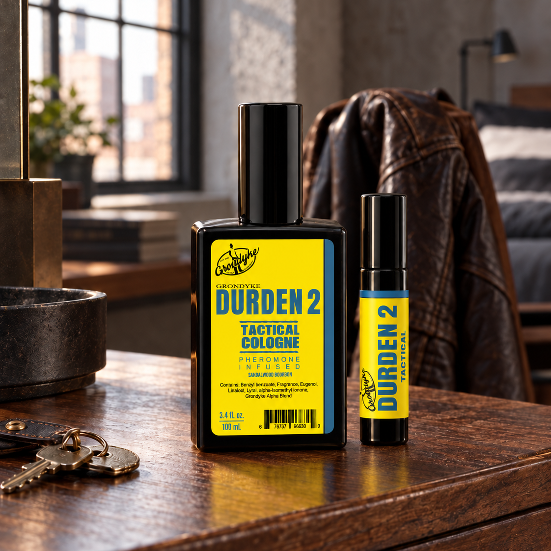 Durden 2 spray cologne and roll-on on a wooden desk beside a set of keys, with a leather jacket over a chair behind