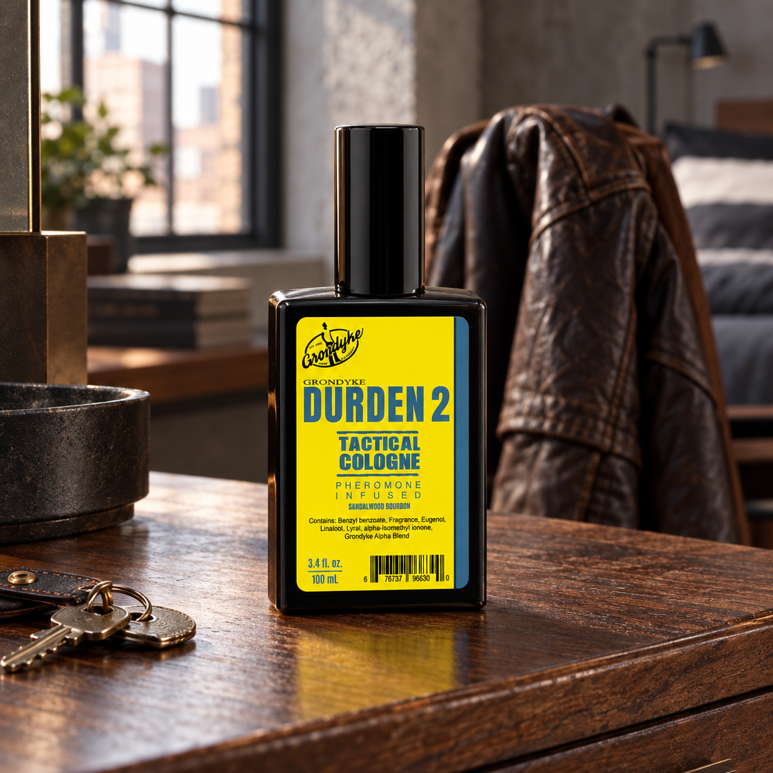 Durden 2 spray cologne on a wooden desk beside a set of keys, with a leather jacket over a chair behind
