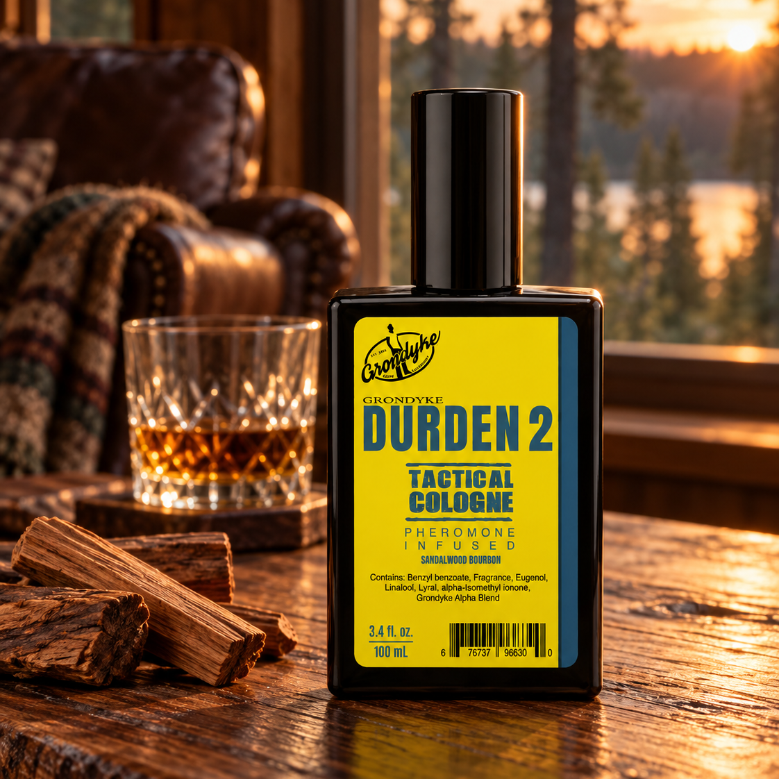 Durden 2 spray cologne on a cabin table beside a glass of bourbon and sandalwood