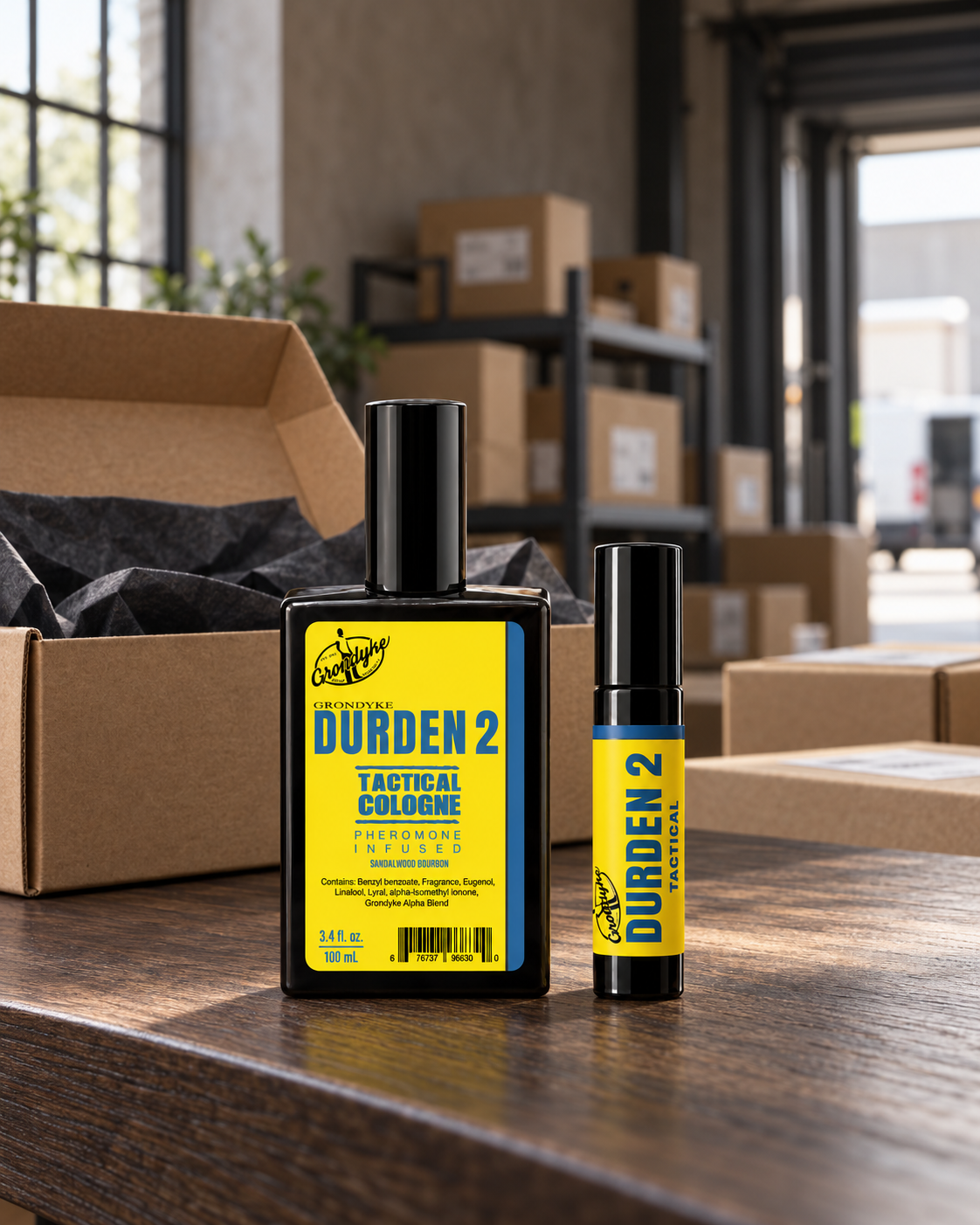 Durden 2 spray and roll-on on a packing table beside an open shipping box