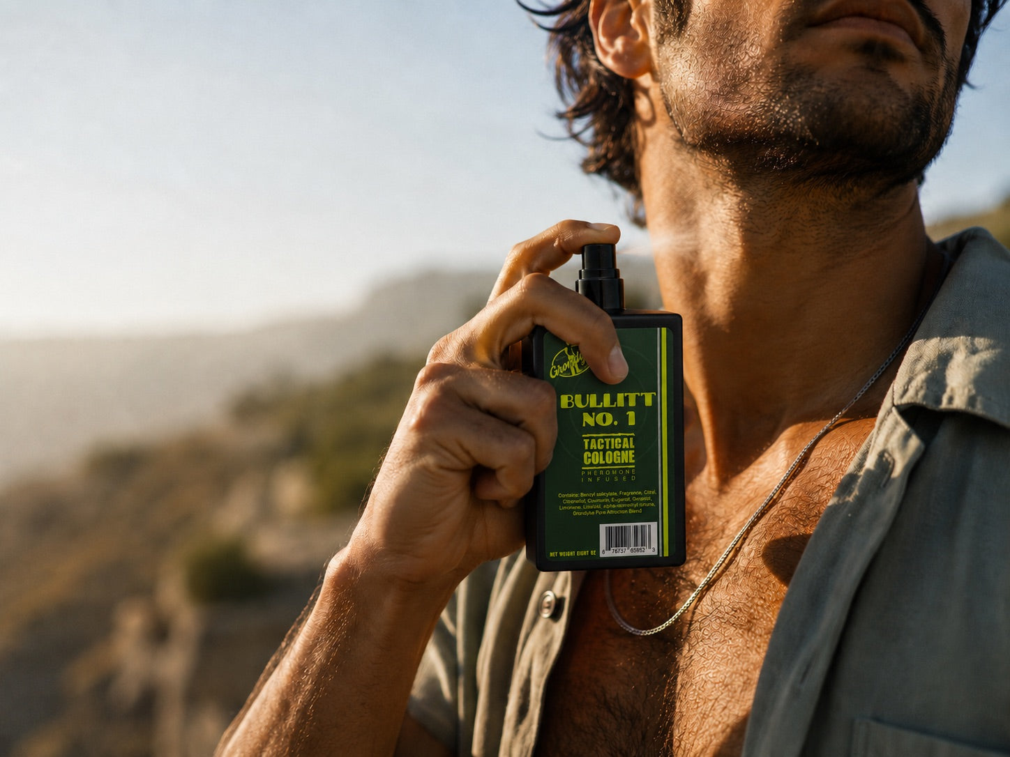 A man spraying Bullitt No. 1 pheromone cologne